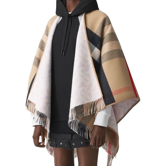 BURBERRY check TB logo fringe reversible poncho cape wrap - Picture 2 of 6